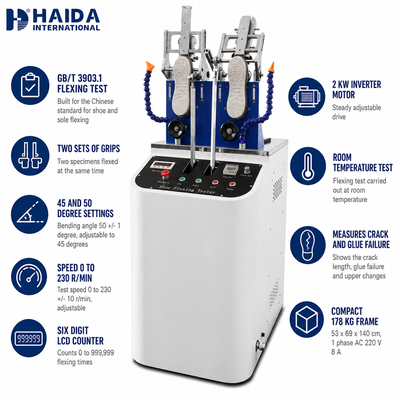 Machine d'essai de résistance à la flexion de chaussures et de semelles HAIDA Shoe Flexing Tester Norme GB T 3903.1 Équipement d'essai de chaussures