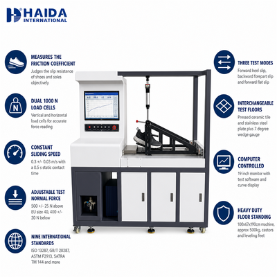 Machine de test de coefficient de frottement de semelle de chaussure HAIDA pour test de résistance au glissement, conforme aux normes ISO 13287 et ASTM F2913, équipement de test de chaussures