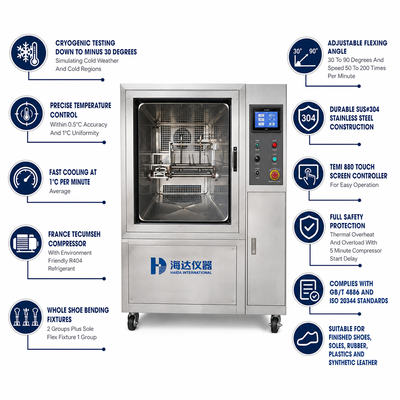 Machine d'essai de flexion à basse température HAIDA pour chaussures et semelles entières, testeur de flexion libre, équipement standard GB ISO 20344