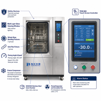 Machine d'essai de flexion à basse température HAIDA pour chaussures et semelles entières, testeur de flexion libre, équipement standard GB ISO 20344